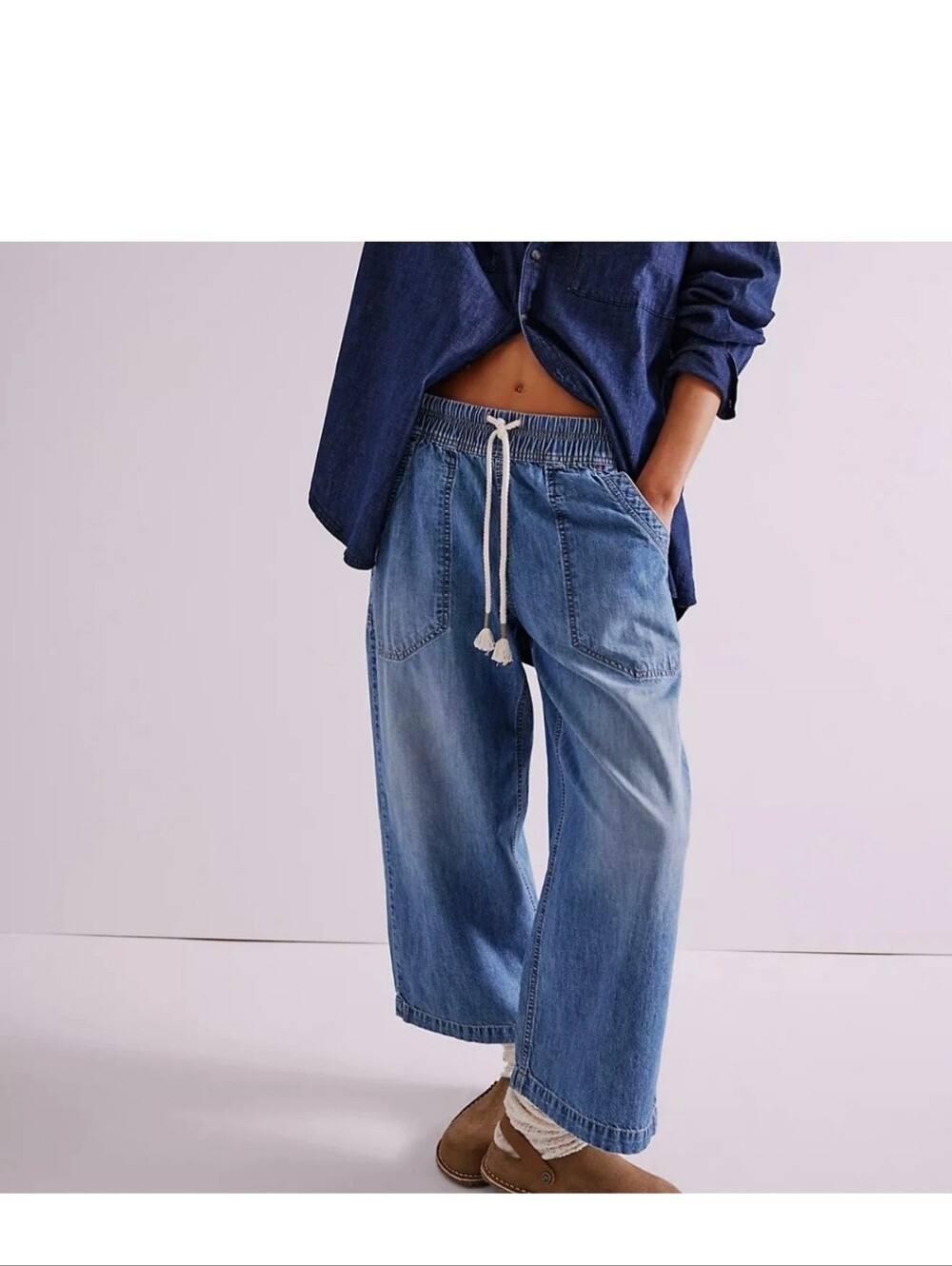 We The Free Easy Peasy Free People Pull On Drawstring Mid Rise Jeans Size S
